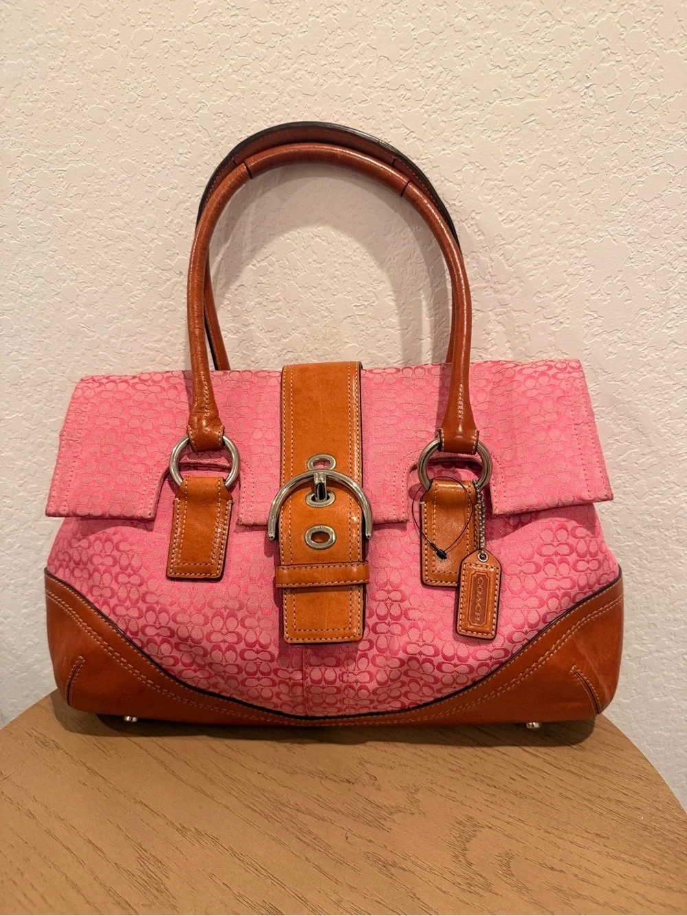 Coach Y2K Pink Canvas and Tan Leather Shoulder Satchel